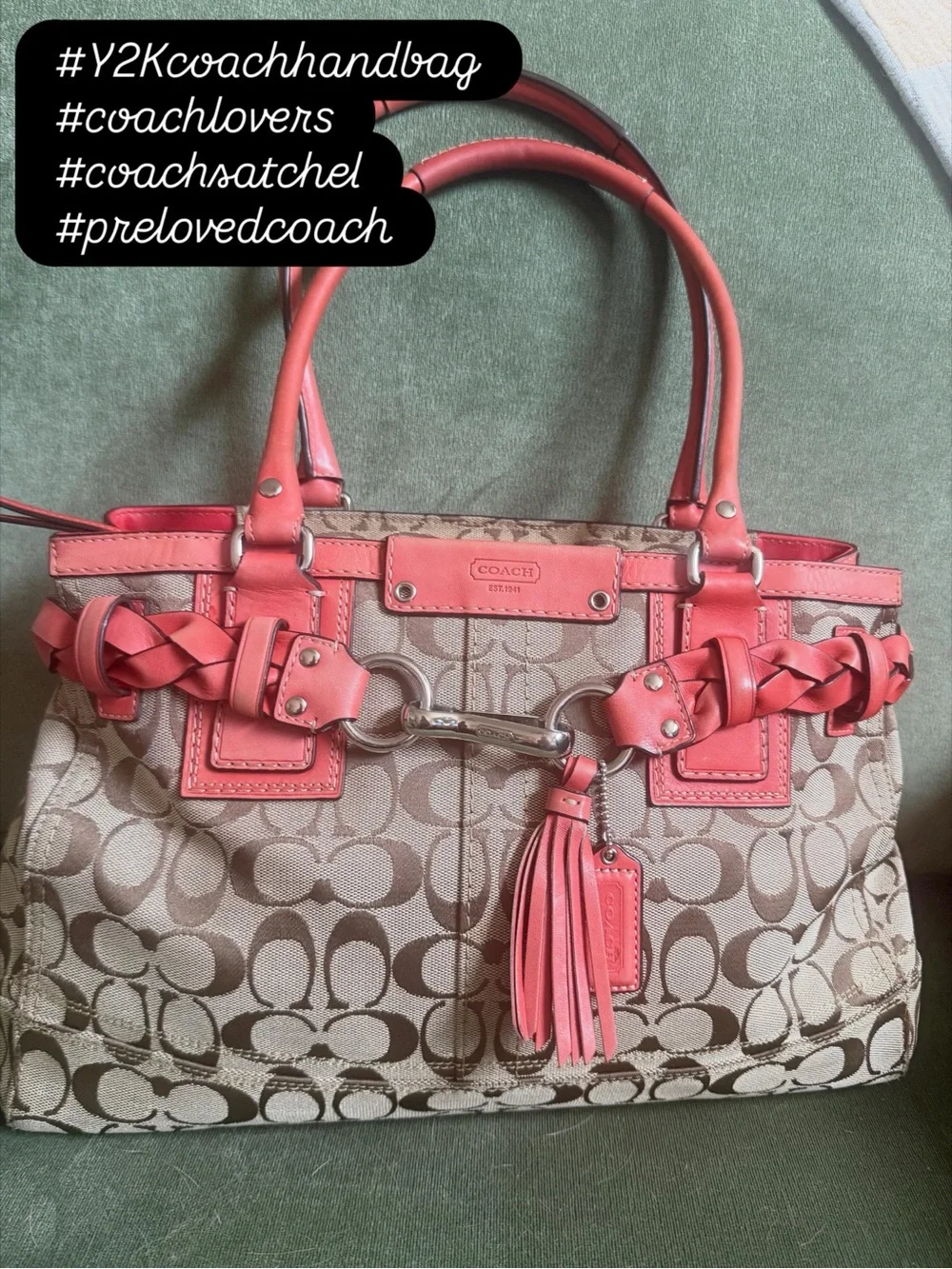 Coach Tan Signature Canvas Tote with Coral Leather Trim